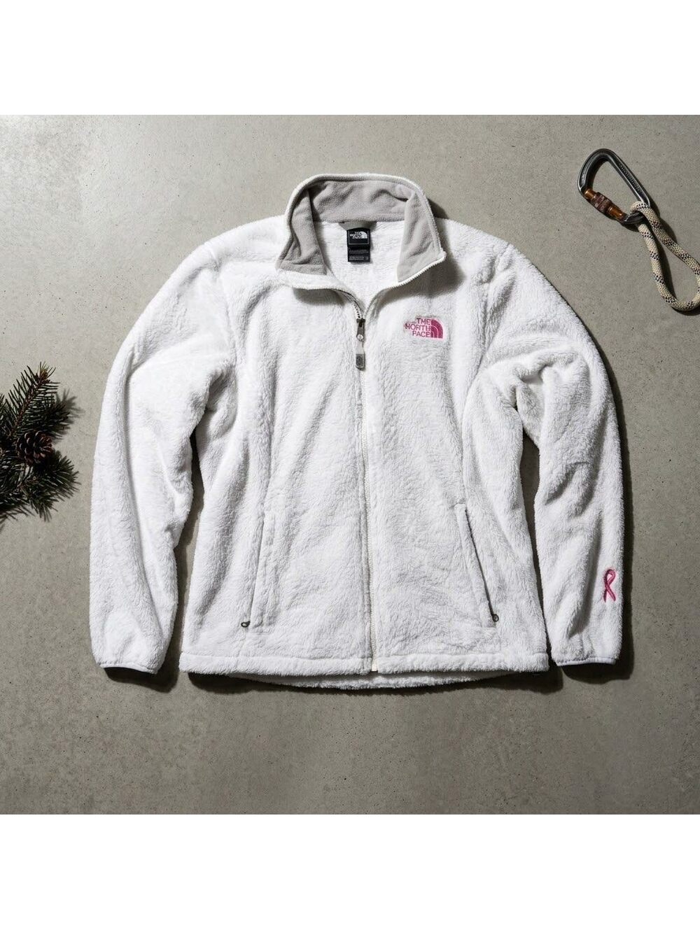 The North Face Breast Cancer Pink Ribbon White Fuzzy Fleece Jacket Womens L